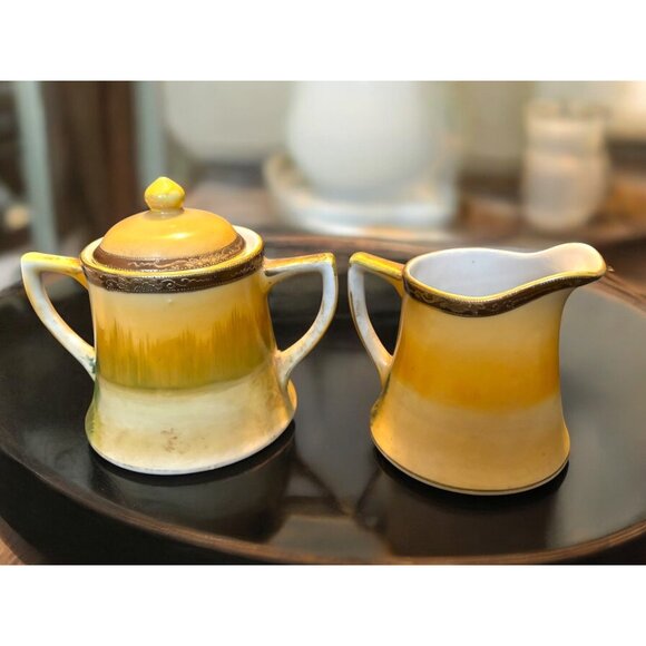 Vintage Japan Hand Painted Landscape Scene Superfine China Covered Sugar and Cre - Picture 3 of 12